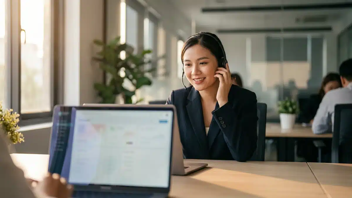 Nhân viên tư vấn đang gọi tổng đài chữ ký số hỗ trợ khách hàng
